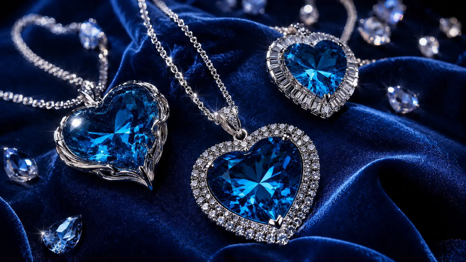 Heart of the Ocean inspired blue crystal jewelry collection with romantic Titanic style necklaces on blue velvet