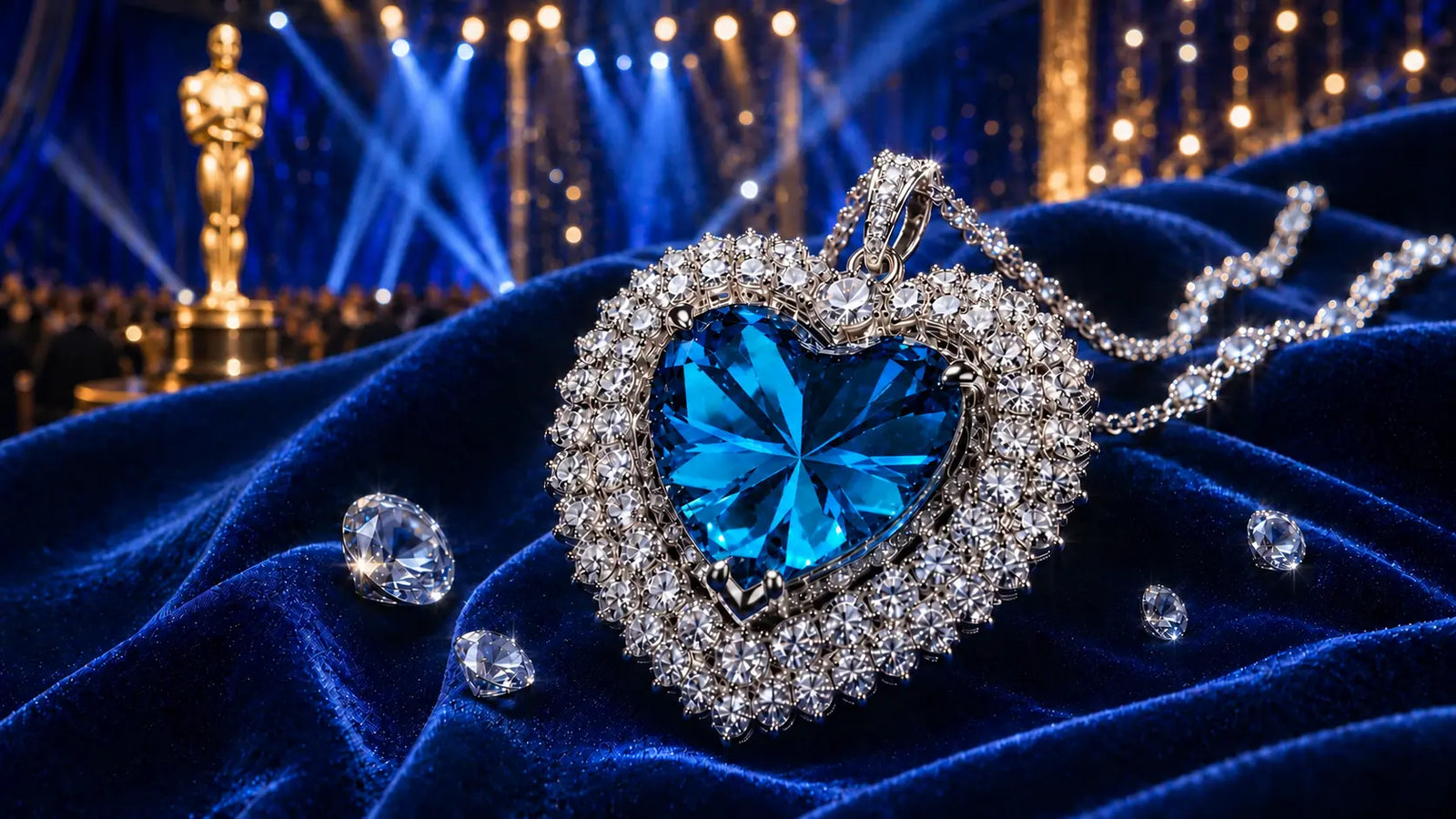 Heart of the Ocean sapphire inspired necklace on blue velvet with an elegant award ceremony atmosphere