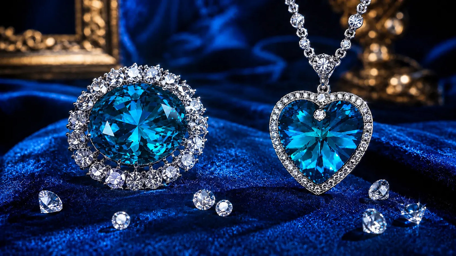 Heart of the Ocean inspired blue crystal necklace beside a Diamond Hope style jewel on luxury blue velvet