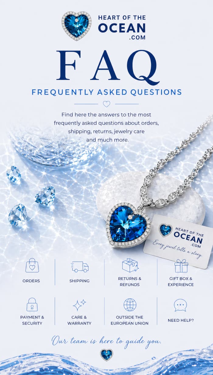 Frequently Asked Questions banner for Heart of the Ocean jewelry, featuring a blue heart necklace and elegant icy luxury styling