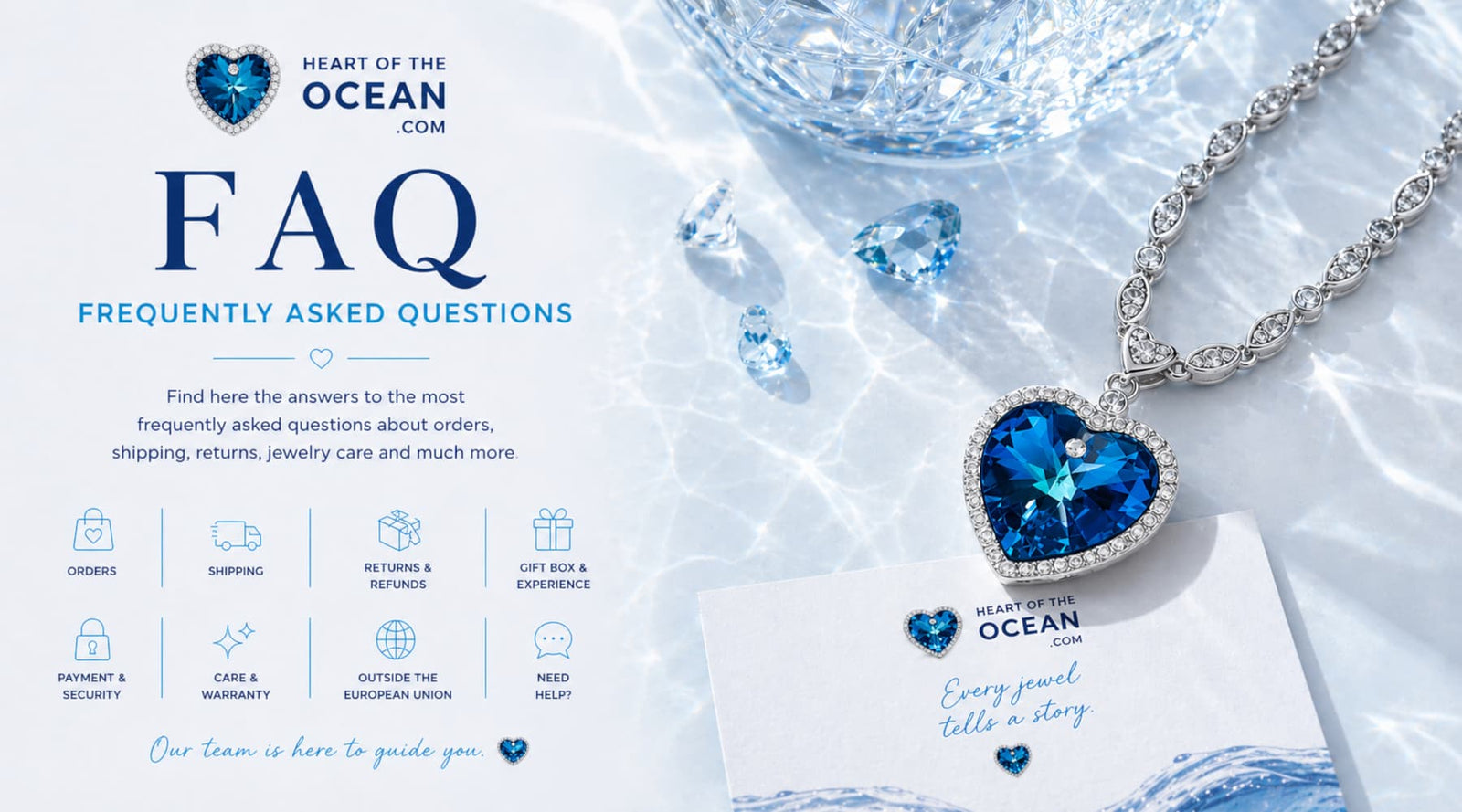 Frequently Asked Questions banner for Heart of the Ocean jewelry, featuring a blue heart necklace and elegant icy luxury styling