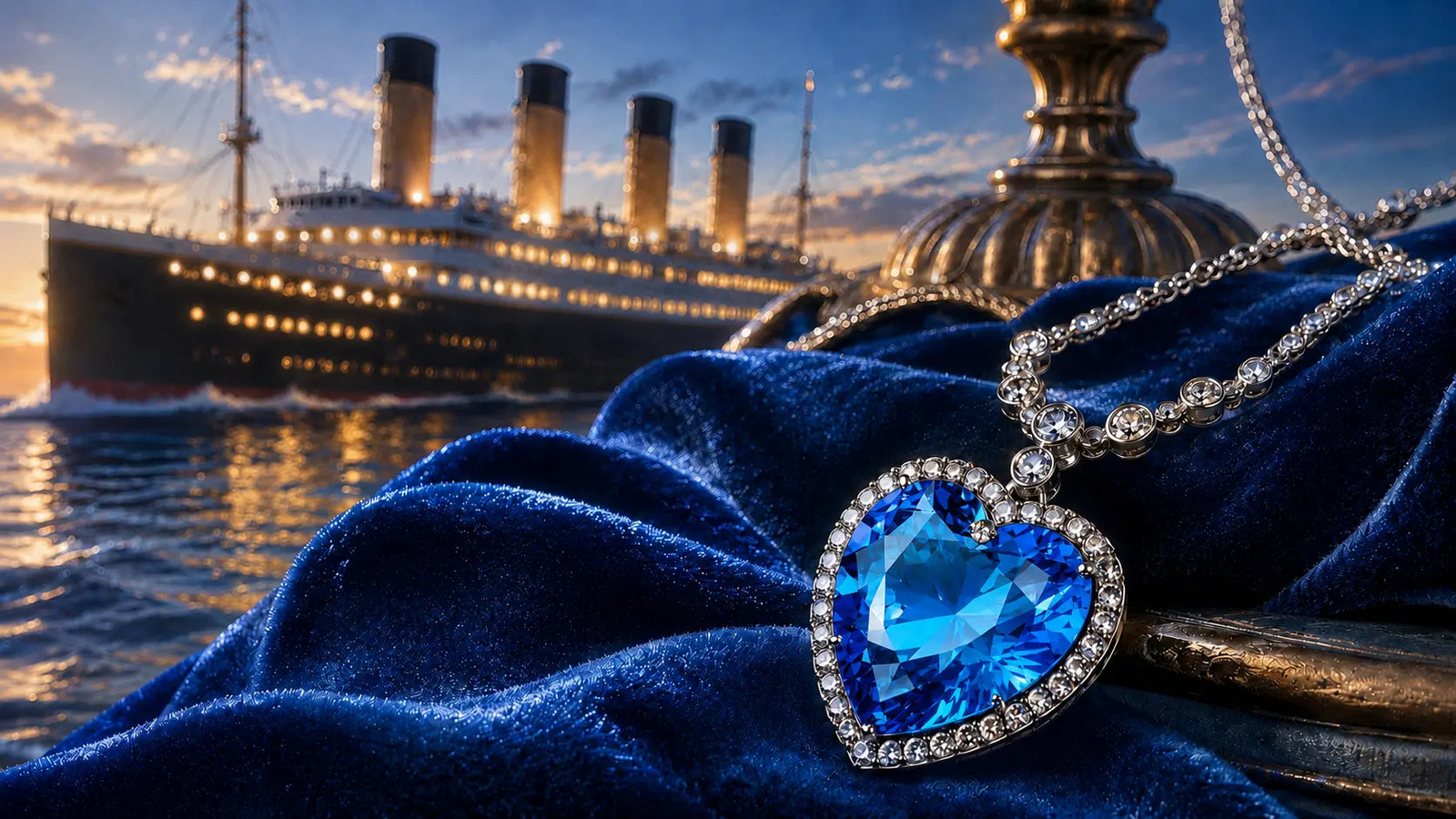 Heart of the Ocean Titanic inspired blue crystal necklace on luxury velvet with ocean liner background