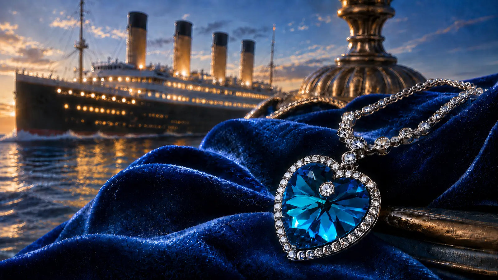 Heart of the Ocean Titanic inspired blue crystal necklace on luxury velvet with ocean liner background