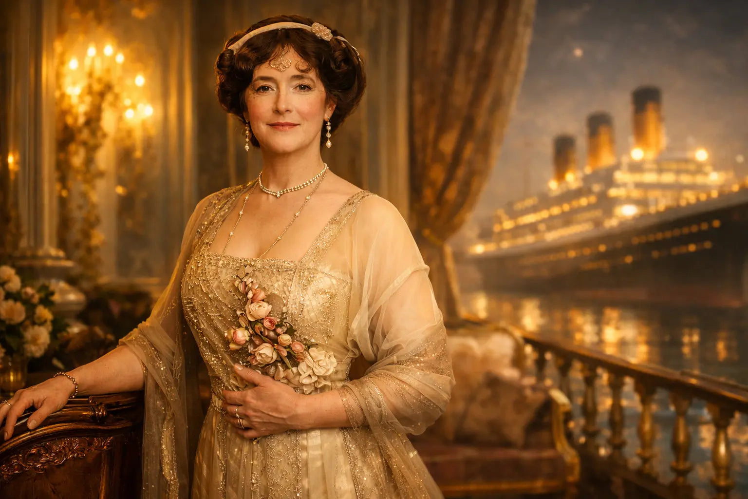 Lucy Christina Duff Gordon, fashion designer and Titanic survivor, in an elegant first class setting