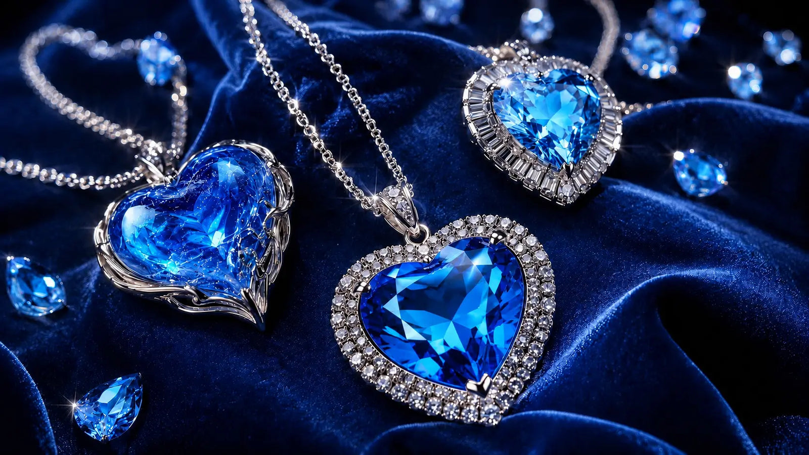 Heart of the Ocean inspired blue crystal jewelry collection with romantic Titanic style necklaces on blue velvet
