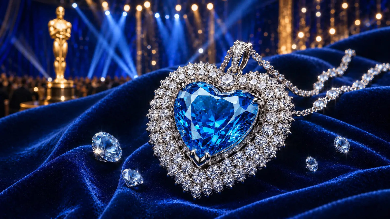 Heart of the Ocean sapphire inspired necklace on blue velvet with an elegant award ceremony atmosphere