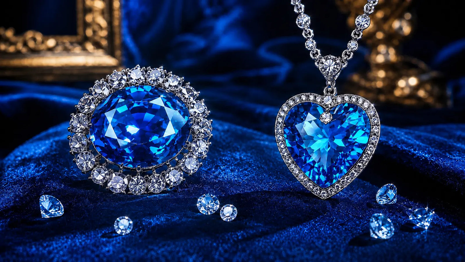 Heart of the Ocean inspired blue crystal necklace beside a Diamond Hope style jewel on luxury blue velvet