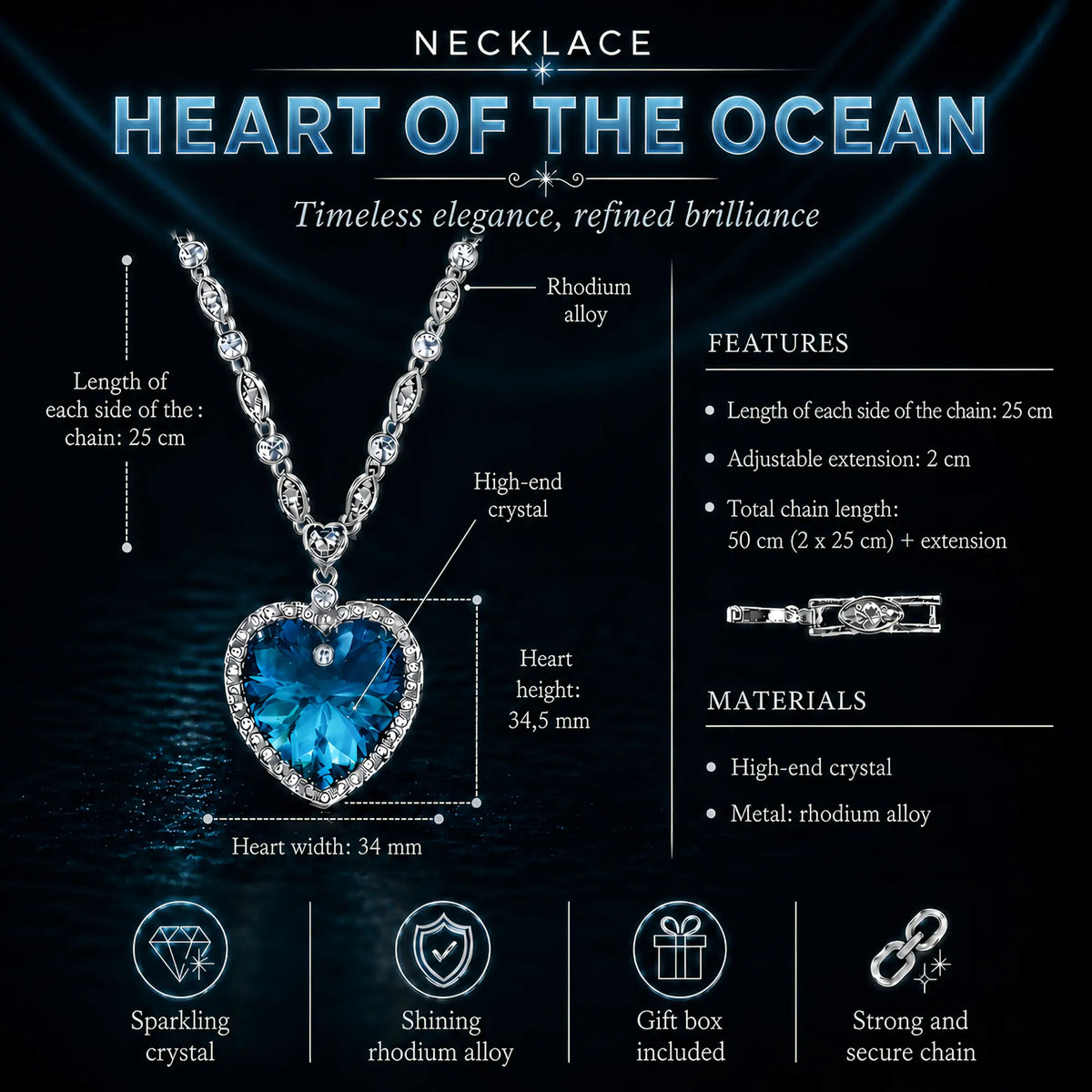 Heart of the Ocean necklace technical details with chain length, premium crystal and rhodium alloy features
