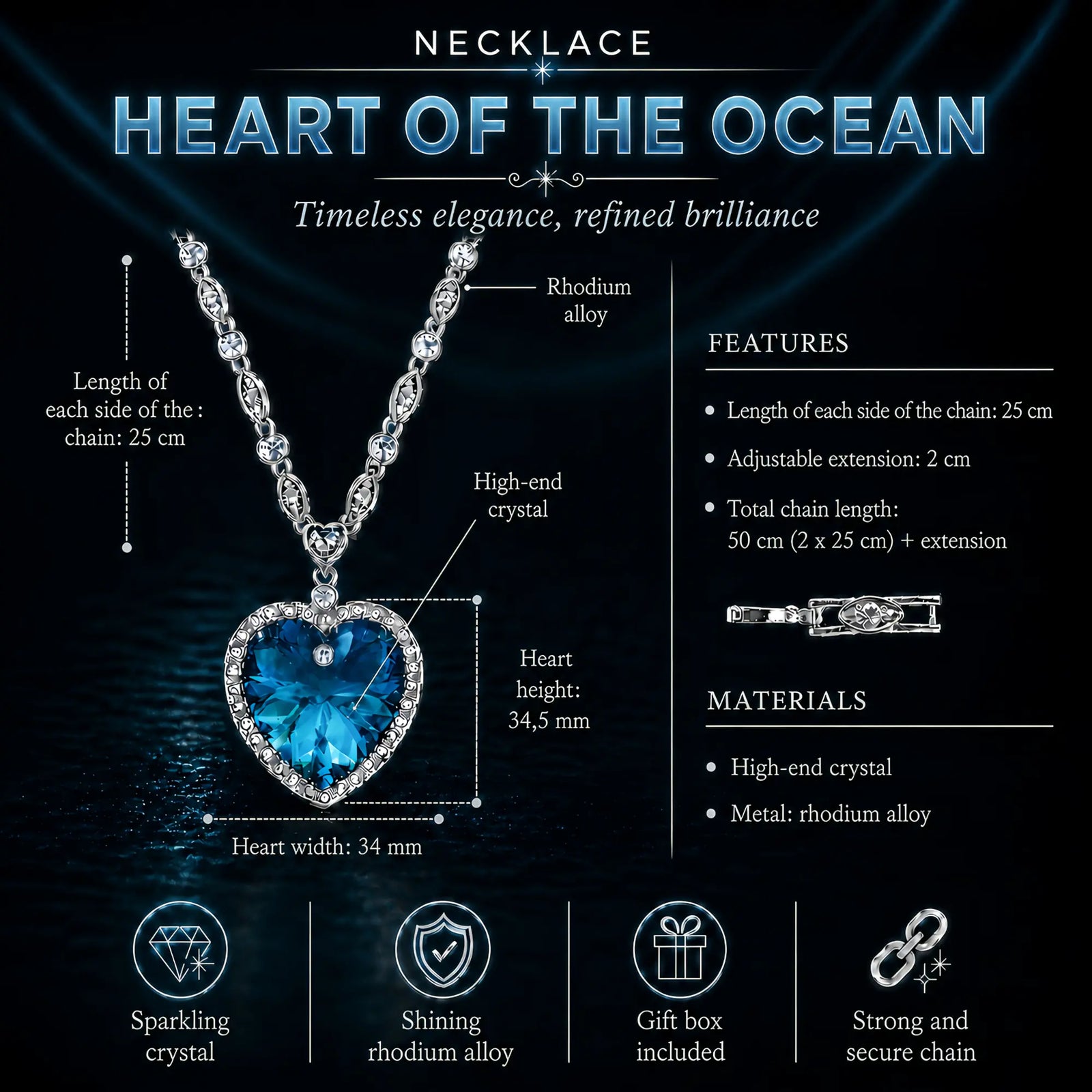 Heart of the Ocean necklace technical details with chain length, premium crystal and rhodium alloy features